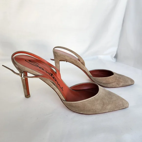 Santoni pumps women's slingback sz 8 Eu38 suede tan shoes stiletto point toe - Picture 11 of 16